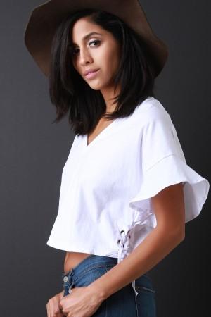 Ruffle Wide Statement Sleeve Crop Top