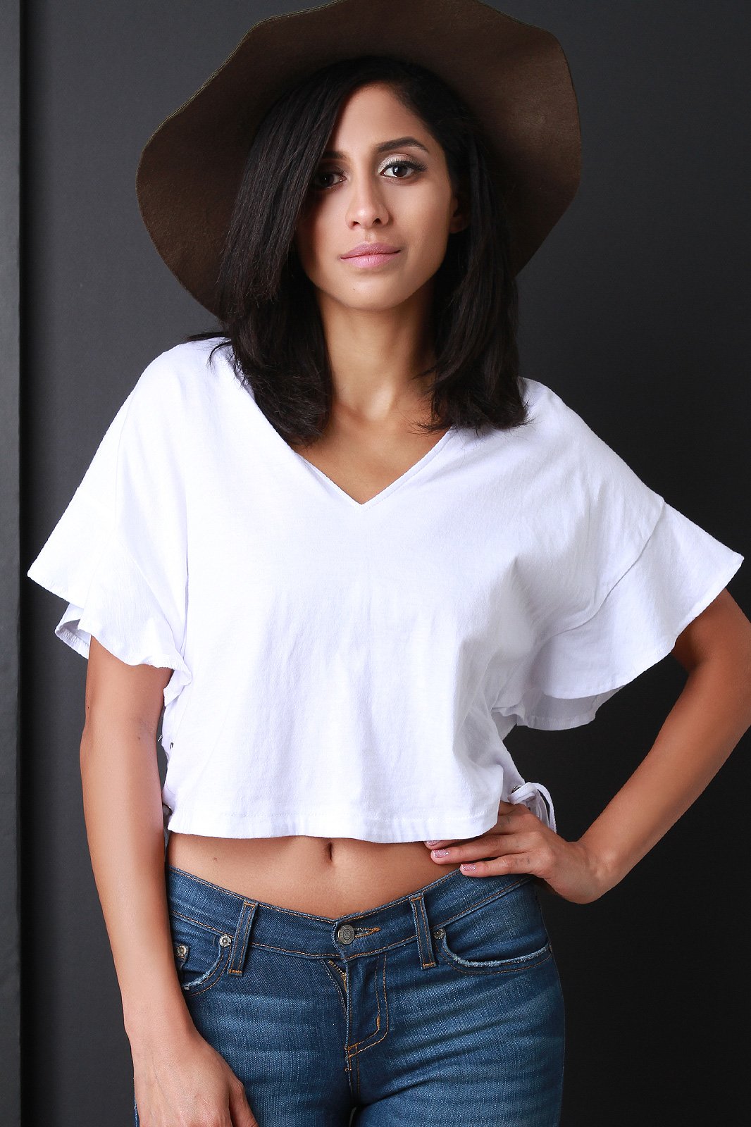 Ruffle Wide Statement Sleeve Crop Top