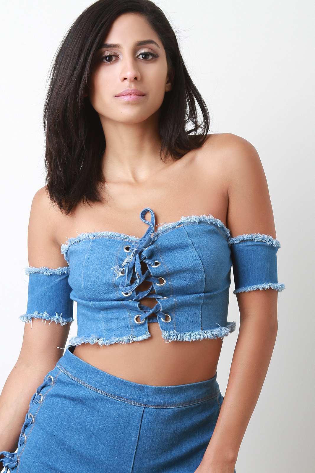 Frayed Denim Lace Up Bardot Crop Top - NoveltyOne