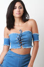 Frayed Denim Lace Up Bardot Crop Top - NoveltyOne