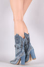 Denim Western Rhinestone Pointy Toe Chunky Mid Calf Boots - NoveltyOne