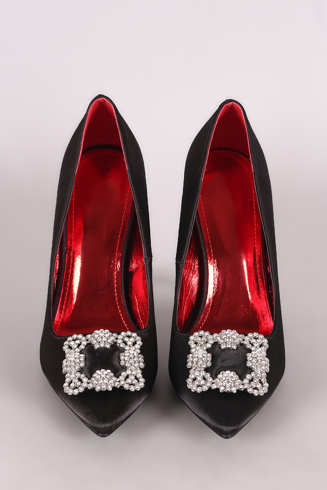 Rhinestone Hardware Accent Satin Pointy Toe Pump