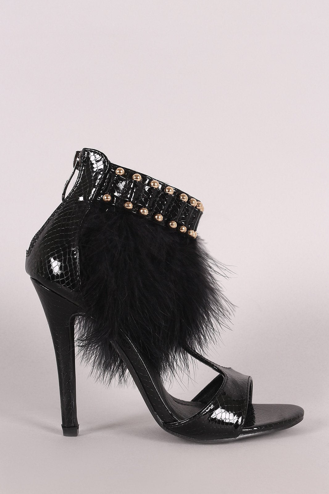 Metallic Snake Open Toe T-Strap Feather Beaded Cuff Stiletto Heel