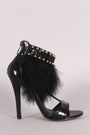 Metallic Snake Open Toe T-Strap Feather Beaded Cuff Stiletto Heel