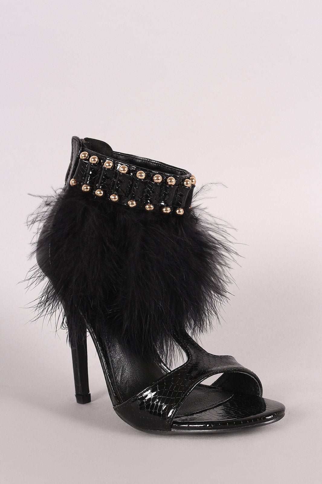 Metallic Snake Open Toe T-Strap Feather Beaded Cuff Stiletto Heel