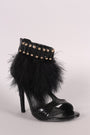 Metallic Snake Open Toe T-Strap Feather Beaded Cuff Stiletto Heel