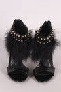 Metallic Snake Open Toe T-Strap Feather Beaded Cuff Stiletto Heel