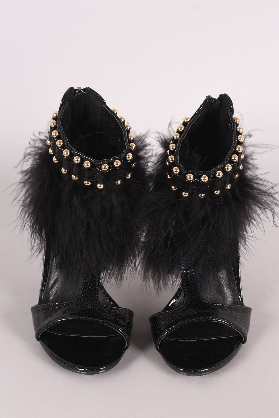 Metallic Snake Open Toe T-Strap Feather Beaded Cuff Stiletto Heel