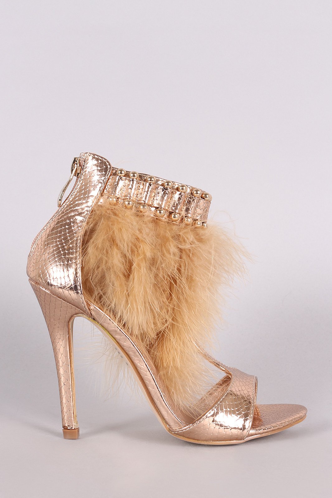 Metallic Snake Open Toe T-Strap Feather Beaded Cuff Stiletto Heel