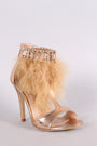 Metallic Snake Open Toe T-Strap Feather Beaded Cuff Stiletto Heel