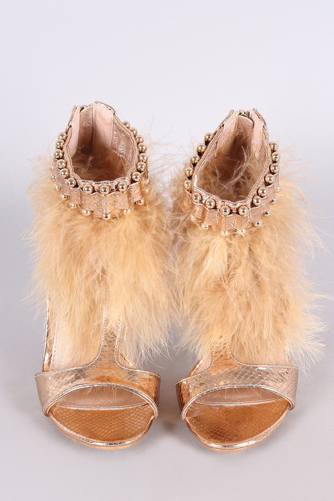 Metallic Snake Open Toe T-Strap Feather Beaded Cuff Stiletto Heel