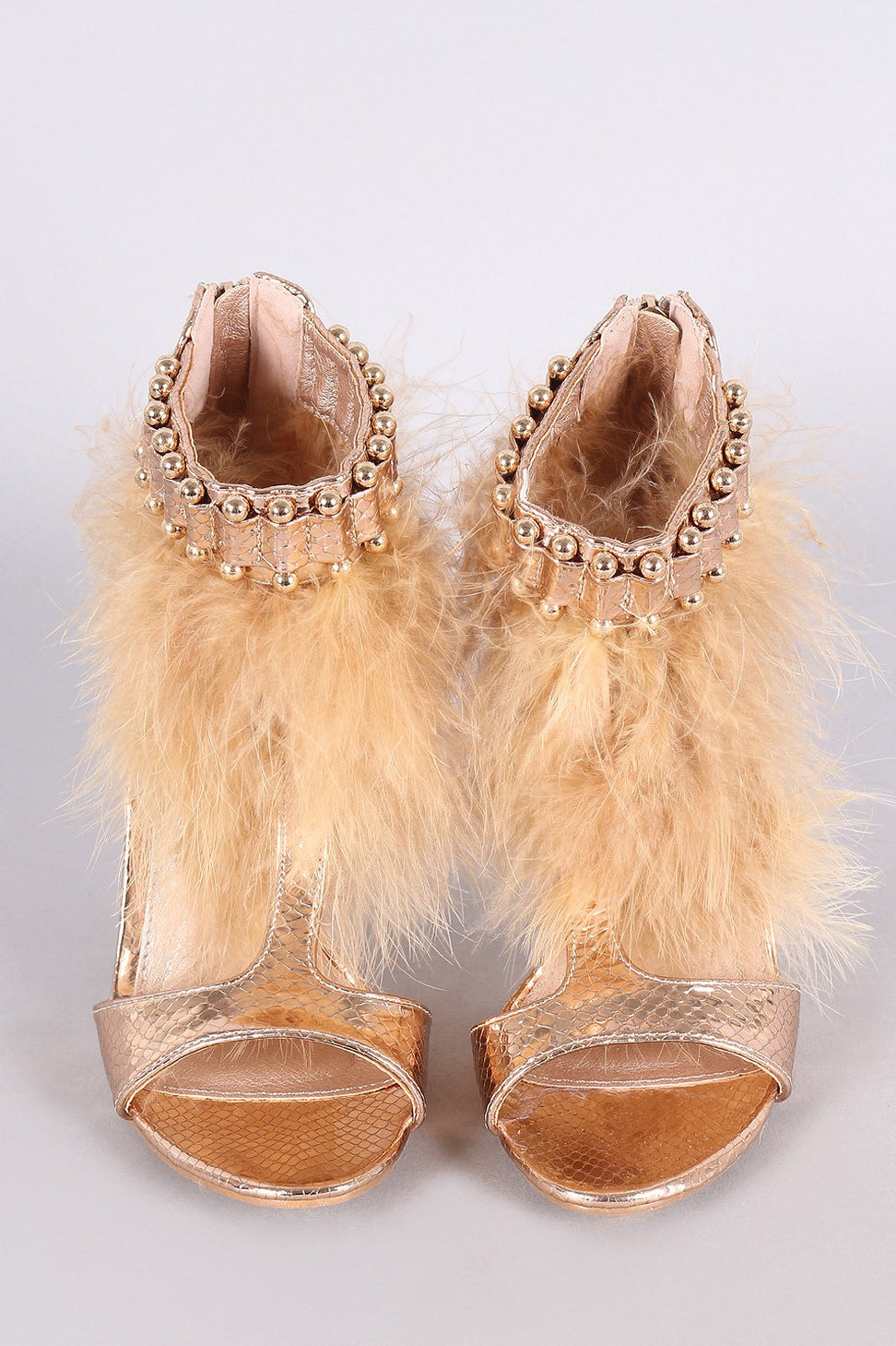 Metallic Snake Open Toe T-Strap Feather Beaded Cuff Stiletto Heel