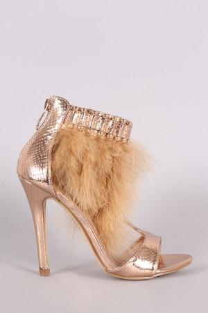 Metallic Snake Open Toe T-Strap Feather Beaded Cuff Stiletto Heel