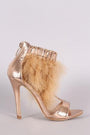 Metallic Snake Open Toe T-Strap Feather Beaded Cuff Stiletto Heel