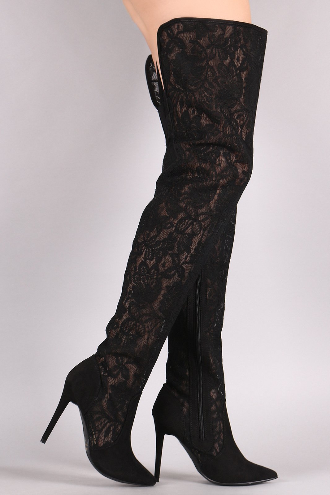 Suede Floral Lace Pointy Toe Stiletto Over-The-Knee Boots
