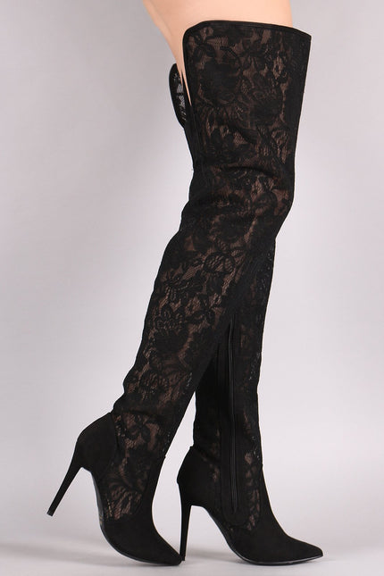 Suede Floral Lace Pointy Toe Stiletto Over-The-Knee Boots