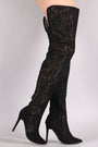 Suede Floral Lace Pointy Toe Stiletto Over-The-Knee Boots