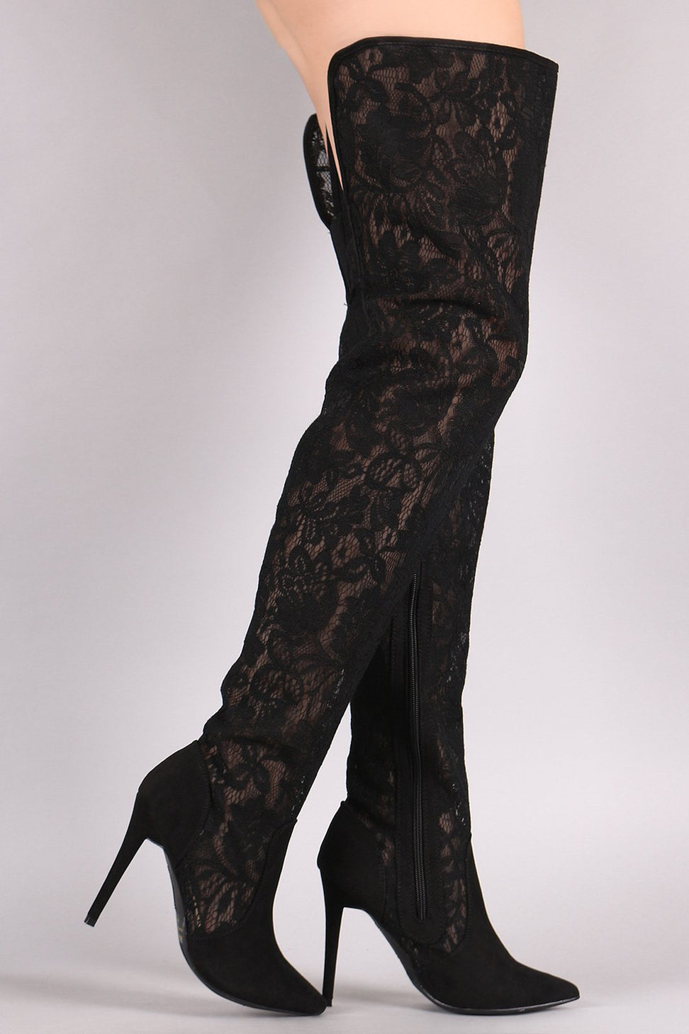Suede Floral Lace Pointy Toe Stiletto Over-The-Knee Boots