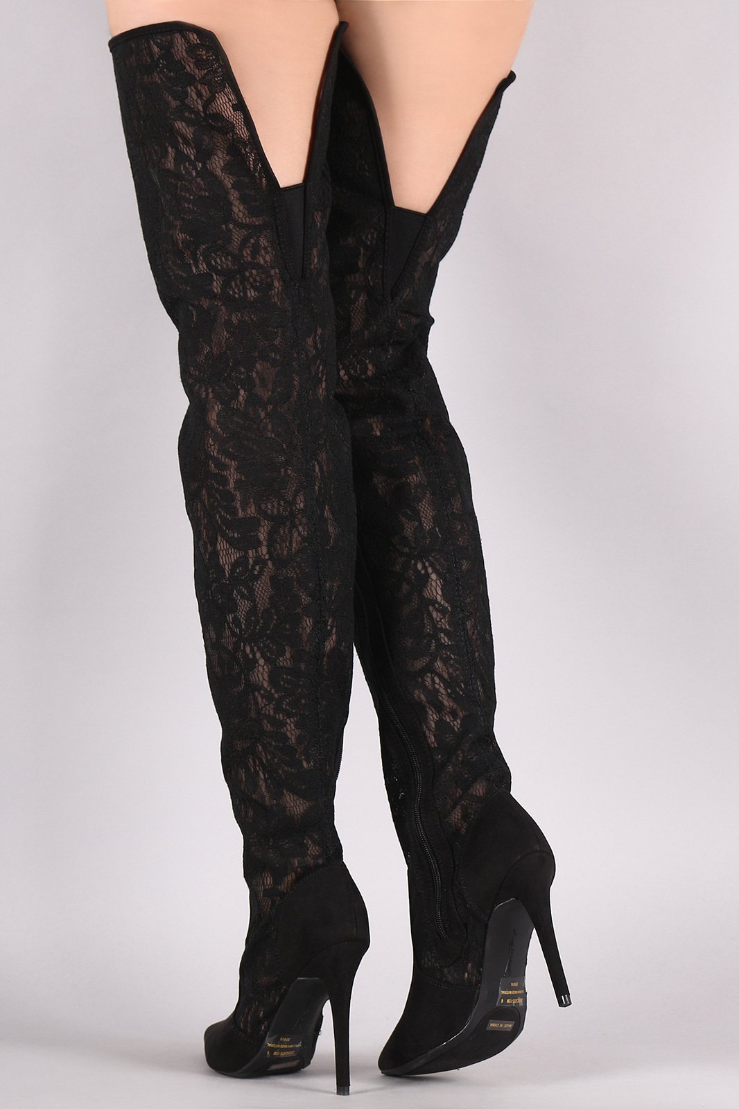 Suede Floral Lace Pointy Toe Stiletto Over-The-Knee Boots