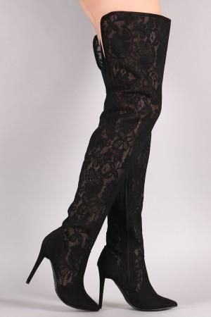 Suede Floral Lace Pointy Toe Stiletto Over-The-Knee Boots