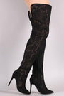 Suede Floral Lace Pointy Toe Stiletto Over-The-Knee Boots