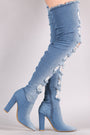Bamboo Ripped And Frayed Denim Chunky Heeled OTK Boots