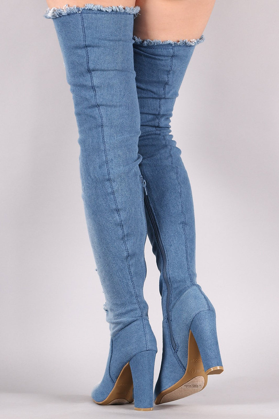 Bamboo Ripped And Frayed Denim Chunky Heeled OTK Boots