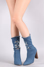 Ripped And Frayed Denim Chunky Heeled Mid Calf Boots