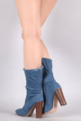 Ripped And Frayed Denim Chunky Heeled Mid Calf Boots