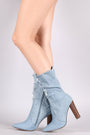 Ripped And Frayed Denim Chunky Heeled Mid Calf Boots