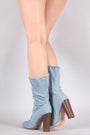 Ripped And Frayed Denim Chunky Heeled Mid Calf Boots