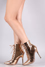Mirror Metallic Pointy Toe Corset Lace-Up Stiletto Booties