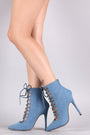 Denim Pointy Toe Corset Lace-Up Stiletto Booties - NoveltyOne