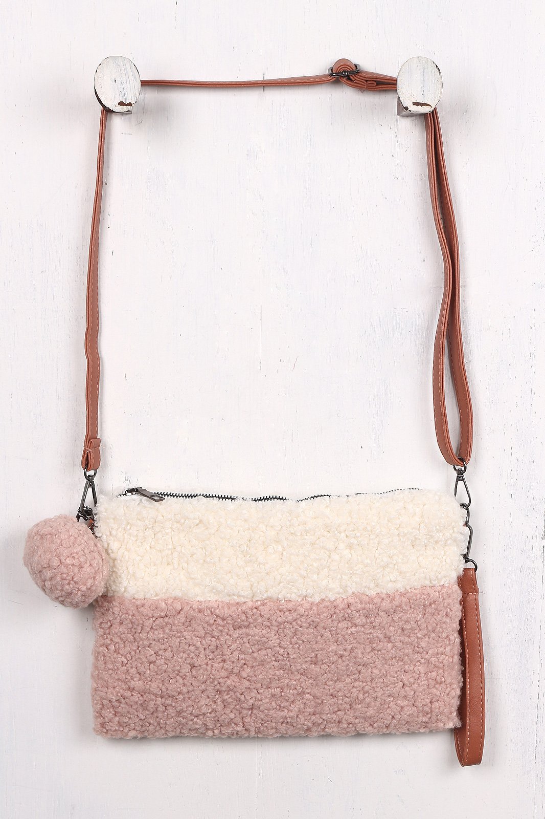 Two Tone Faux Shearling Clutch Crossbody Bag