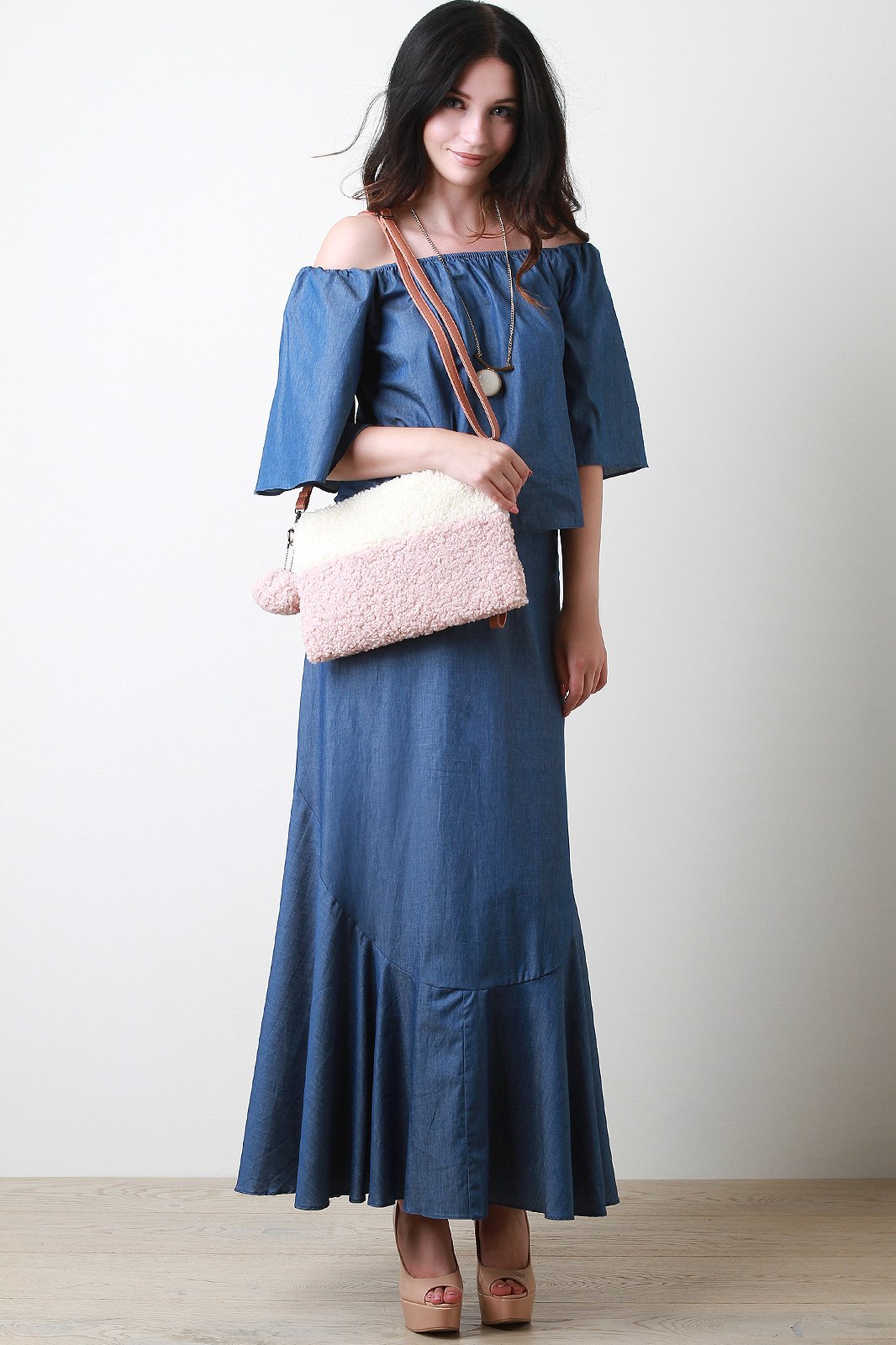 Two Tone Faux Shearling Clutch Crossbody Bag