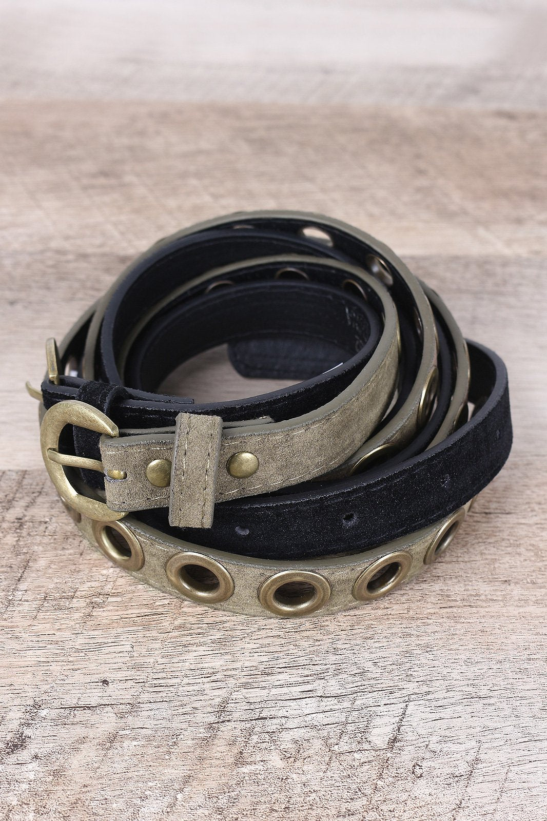 Solid And Eyelet Vegan Suede 2-For-1 Belt Set