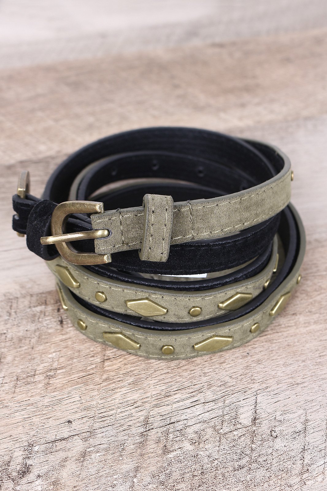 Solid And Stud Accent Vegan Suede 2-For-1 Skinny Belt Set