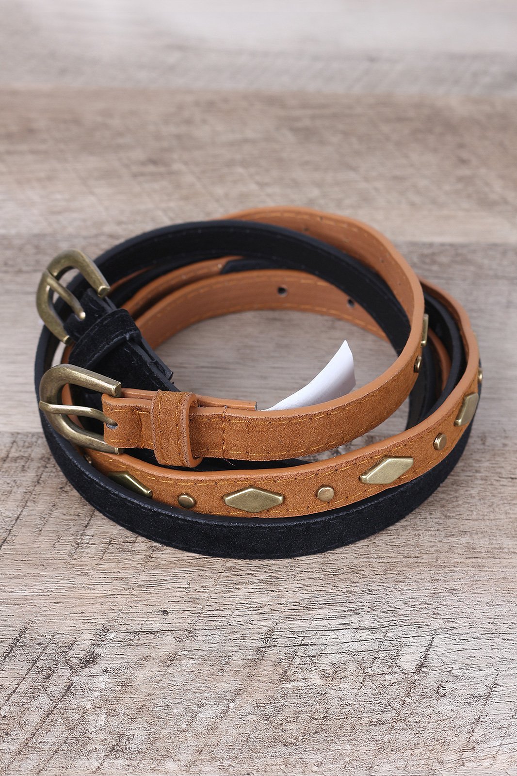 Solid And Stud Accent Vegan Suede 2-For-1 Skinny Belt Set