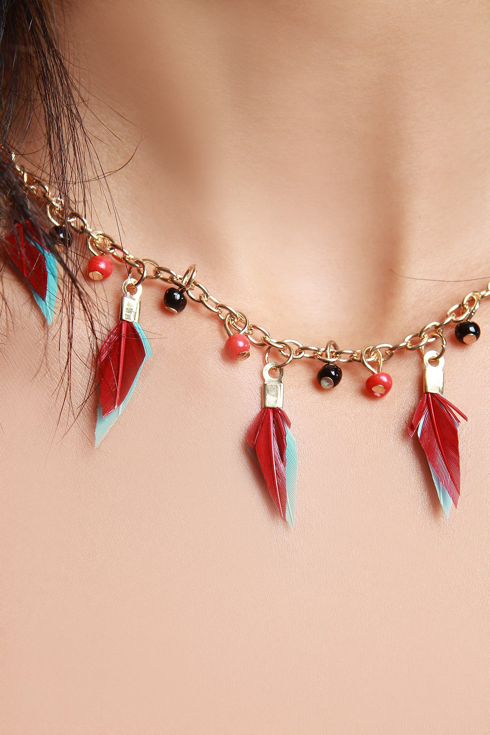 Suede Beaded Feather Choker Necklace Set