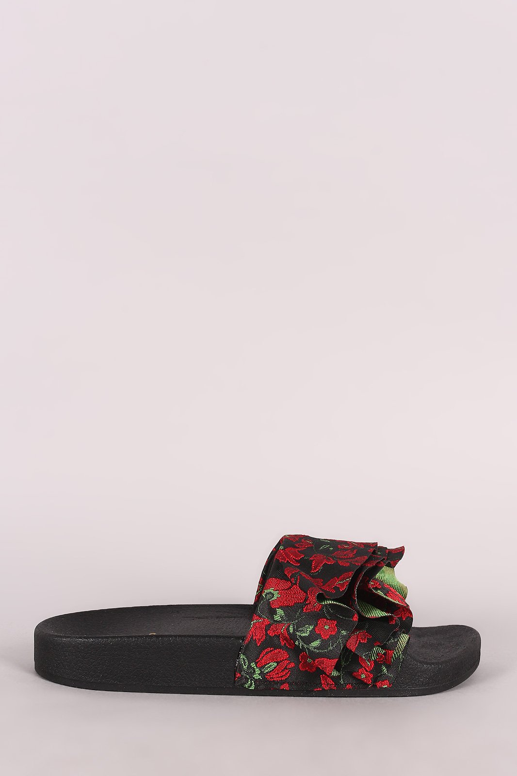 Qupid Ruffle Embroidered Floral Slide Sandal