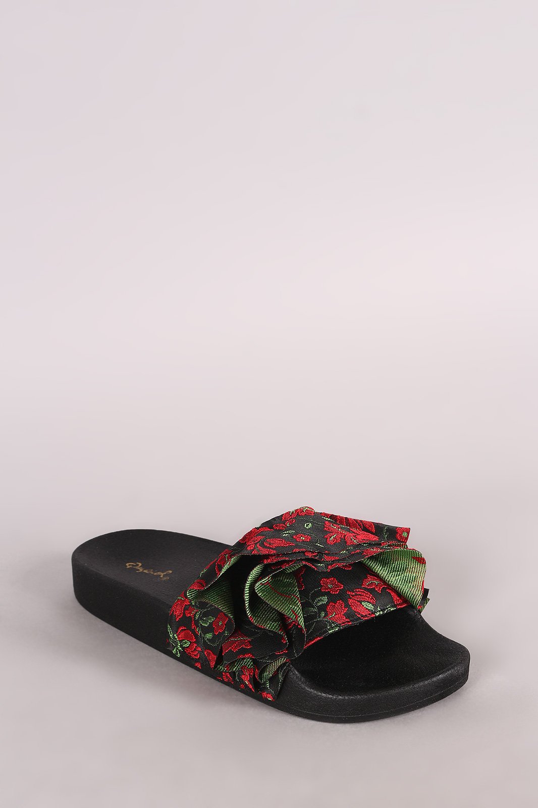 Qupid Ruffle Embroidered Floral Slide Sandal