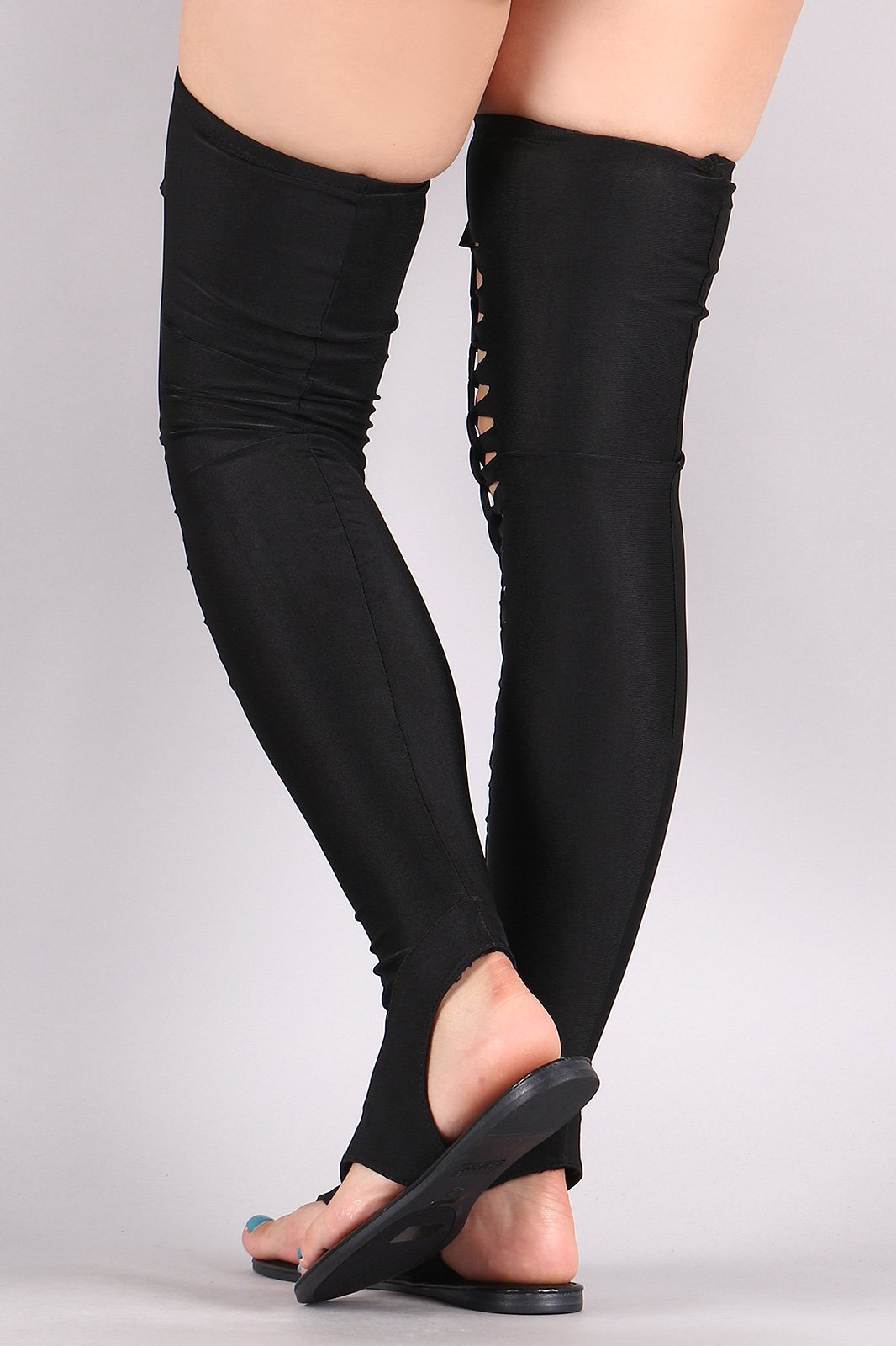 Bamboo Elastane Thigh High Braided Cutout Gladiator Flat Sandal