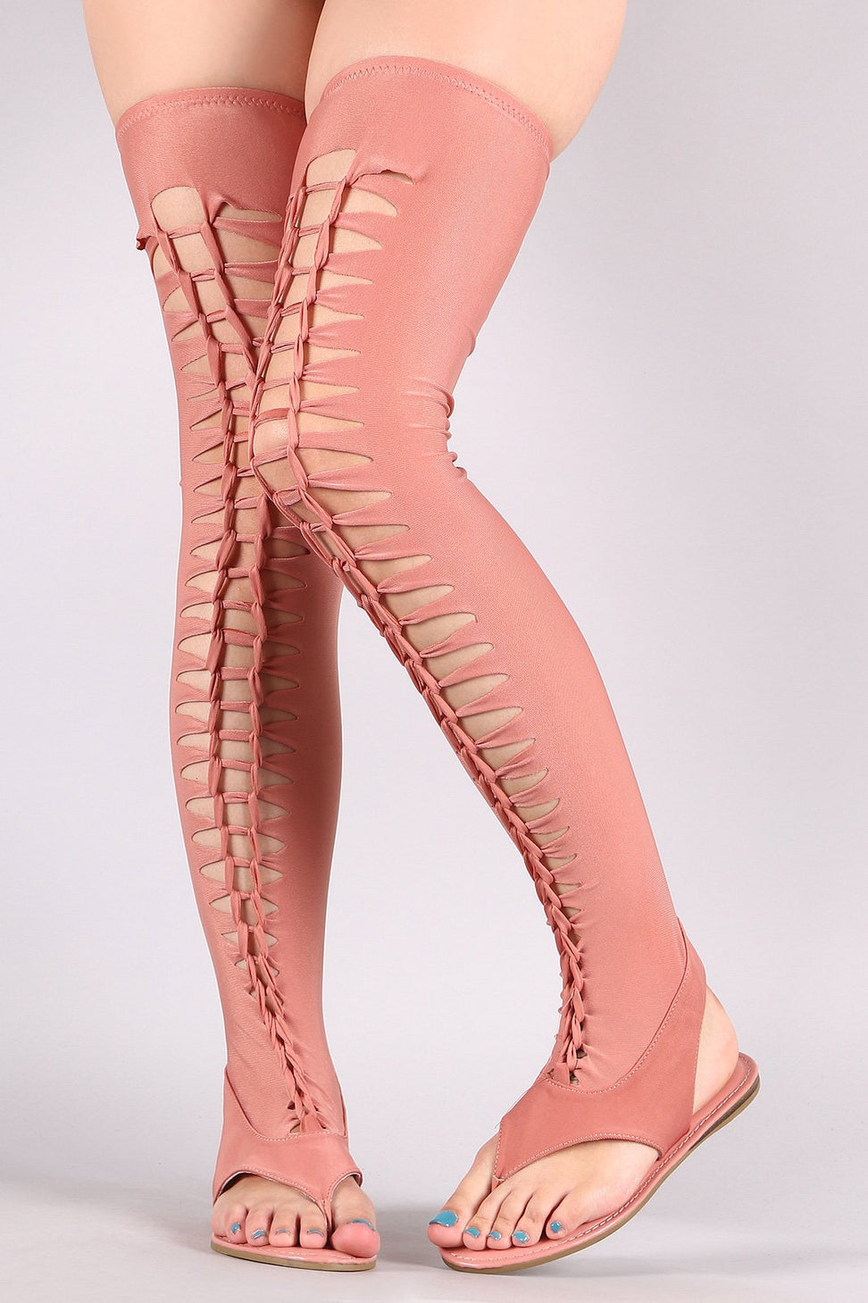 Bamboo Elastane Thigh High Braided Cutout Gladiator Flat Sandal