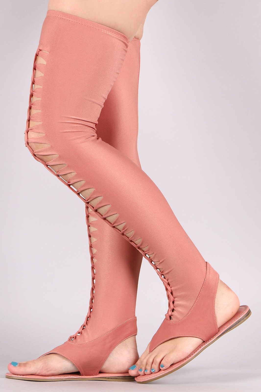 Bamboo Elastane Thigh High Braided Cutout Gladiator Flat Sandal