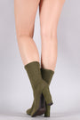 Bamboo Ribbed Knit Pointy Toe Suede Chunky Heeled Booties
