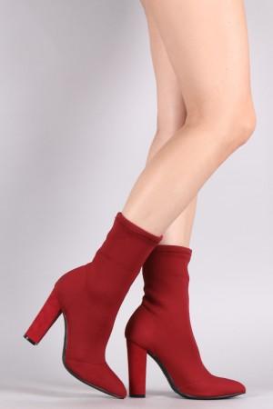 Bamboo Ribbed Knit Pointy Toe Suede Chunky Heeled Booties