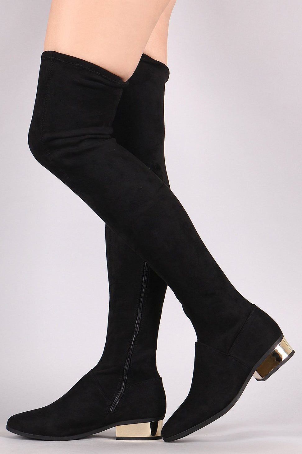 Bamboo Suede Almond Toe Metallic Block Heeled OTK Boots