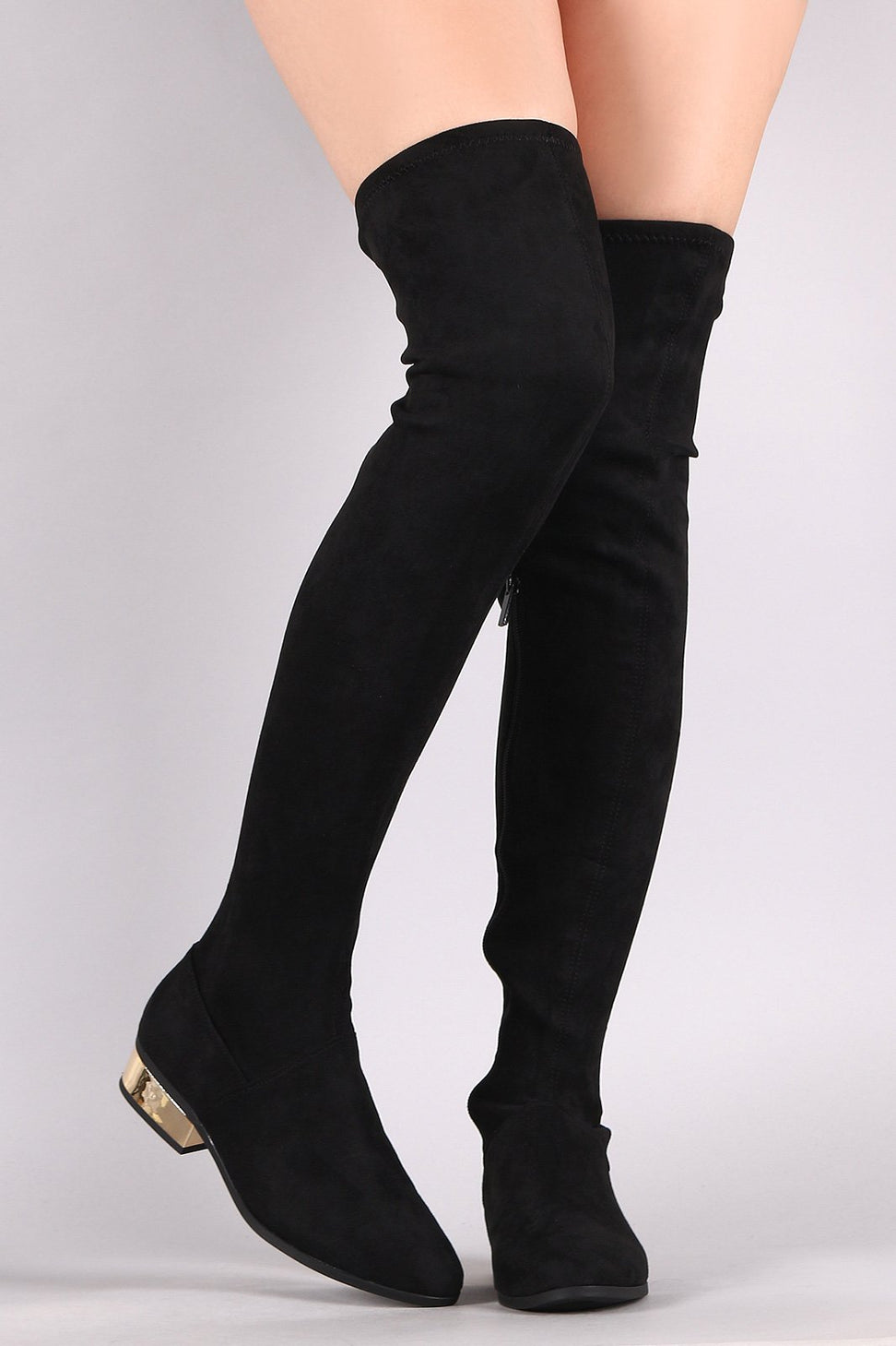 Bamboo Suede Almond Toe Metallic Block Heeled OTK Boots