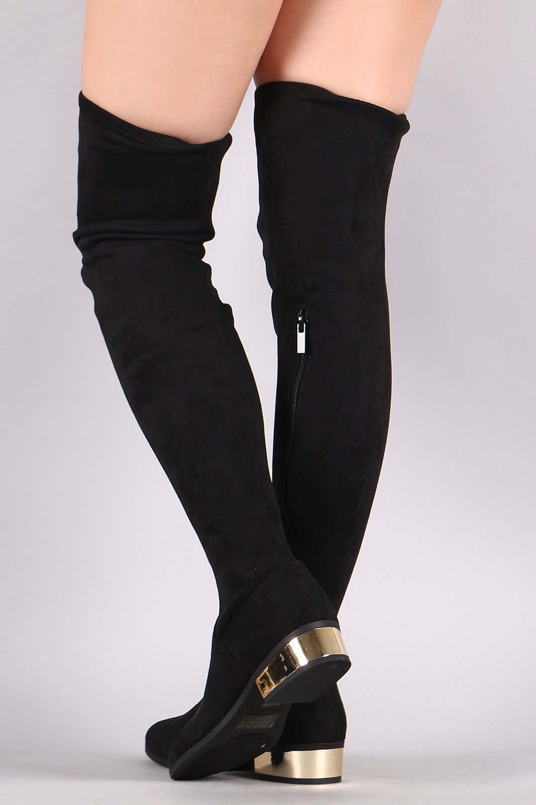 Bamboo Suede Almond Toe Metallic Block Heeled OTK Boots