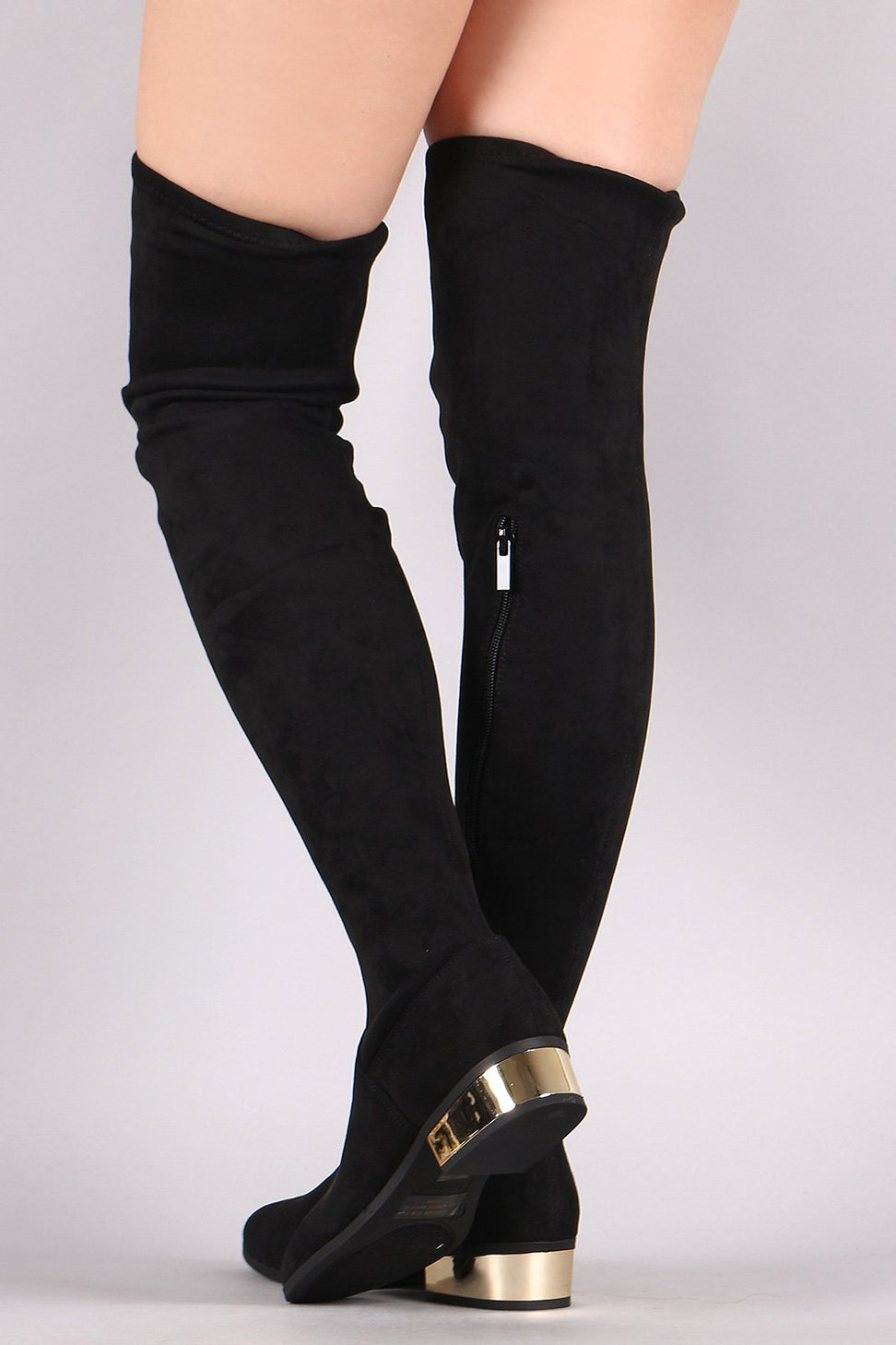 Bamboo Suede Almond Toe Metallic Block Heeled OTK Boots